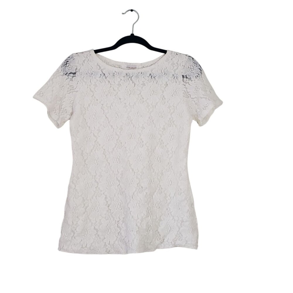 Vintage 90s Y2K White Lace Sheer Short Sleeve Shirt Feminine‎ Delicate Fairycore